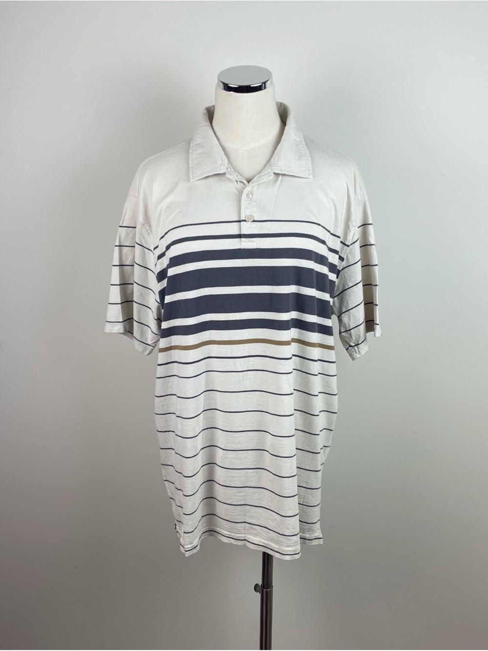 Horny Toad White Navy Blue Stripe Short Sleeve Collared Polo Shirt Men Large